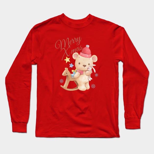 Merry X’mas, cute Christmas bear. Long Sleeve T-Shirt by WhaleSharkShop